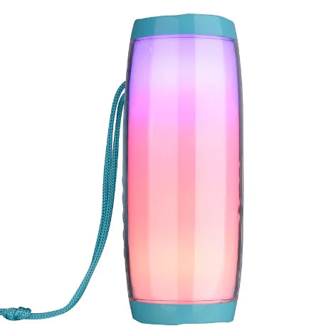 Gradient pink to blue waterproof Bluetooth speaker with 10W subwoofer, strap, and rugged design on white background