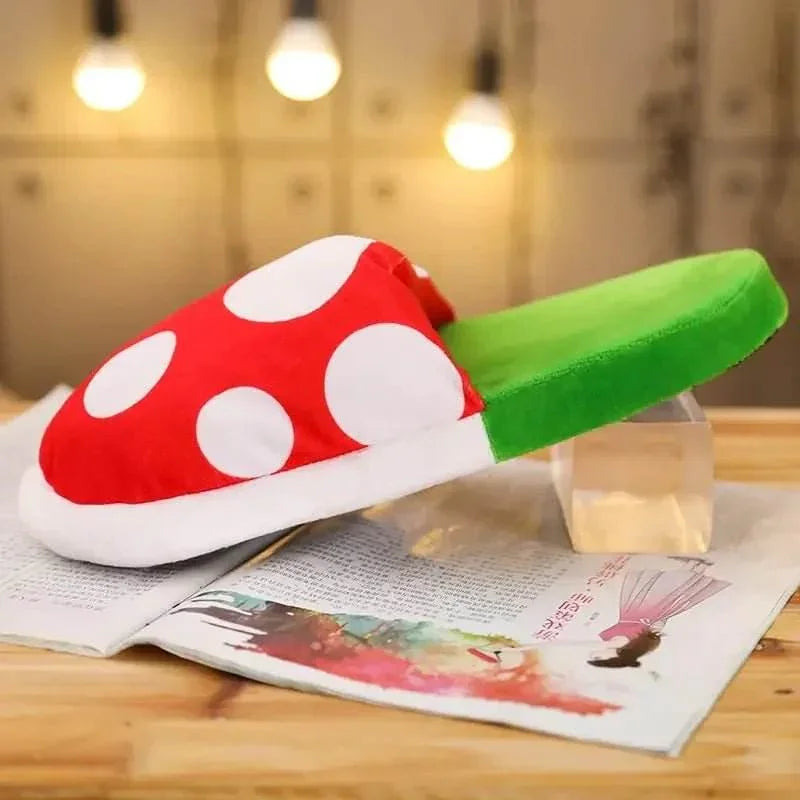 Plush red and white polka dot slipper with green sole on magazine, cozy indoor lighting
