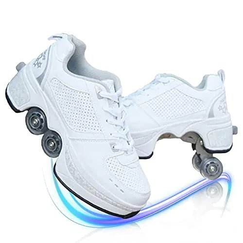 White roller skate shoes with retractable wheels on a white background