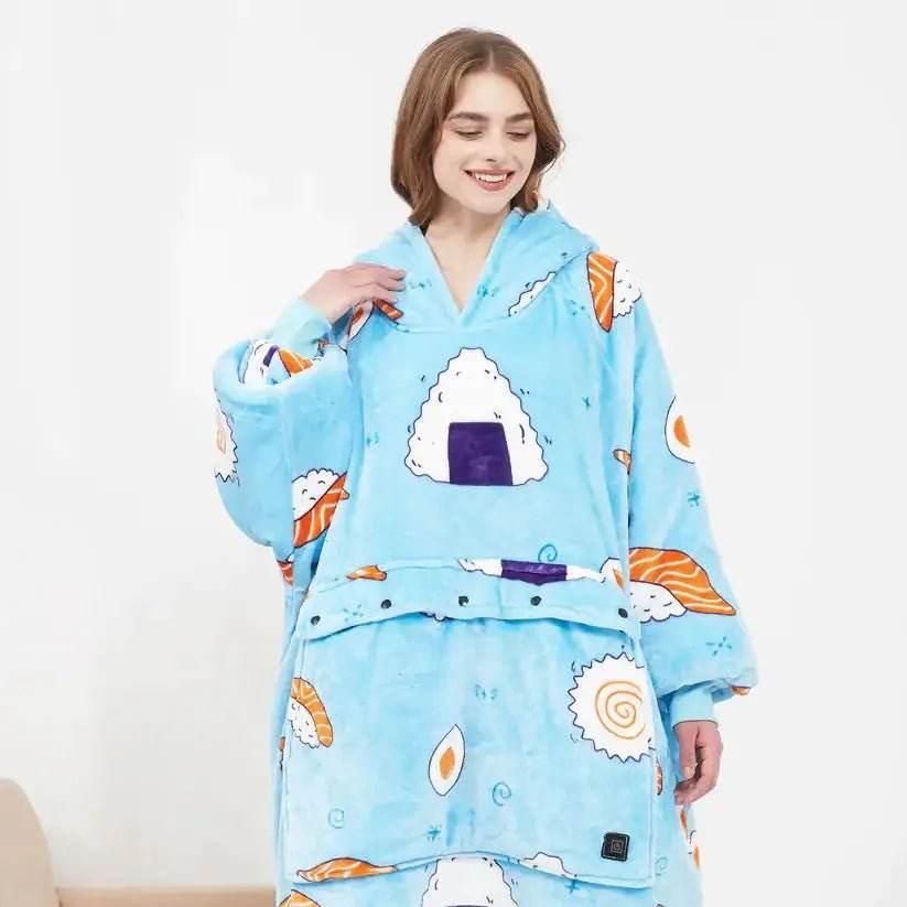 Woman wearing a blue oversized hoodie blanket with sushi and onigiri print