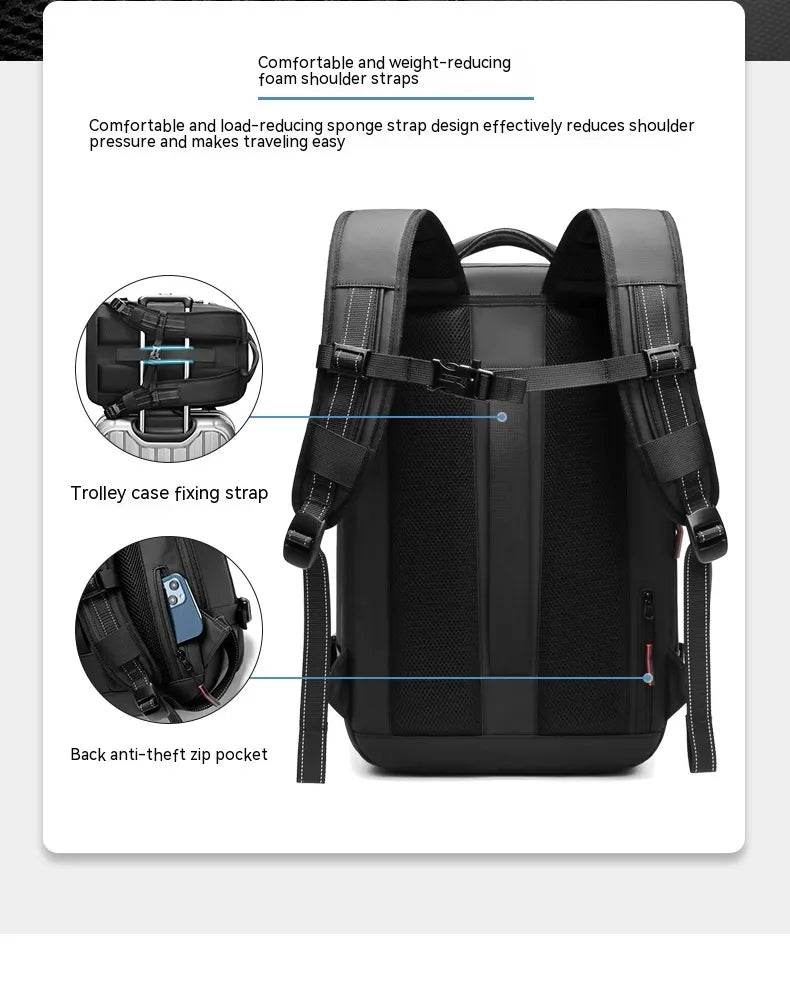 Black backpack with foam shoulder straps, trolley strap, and anti-theft zip pocket