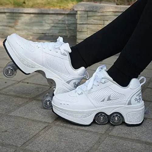 White roller skate sneakers with retractable wheels worn outdoors on pavement