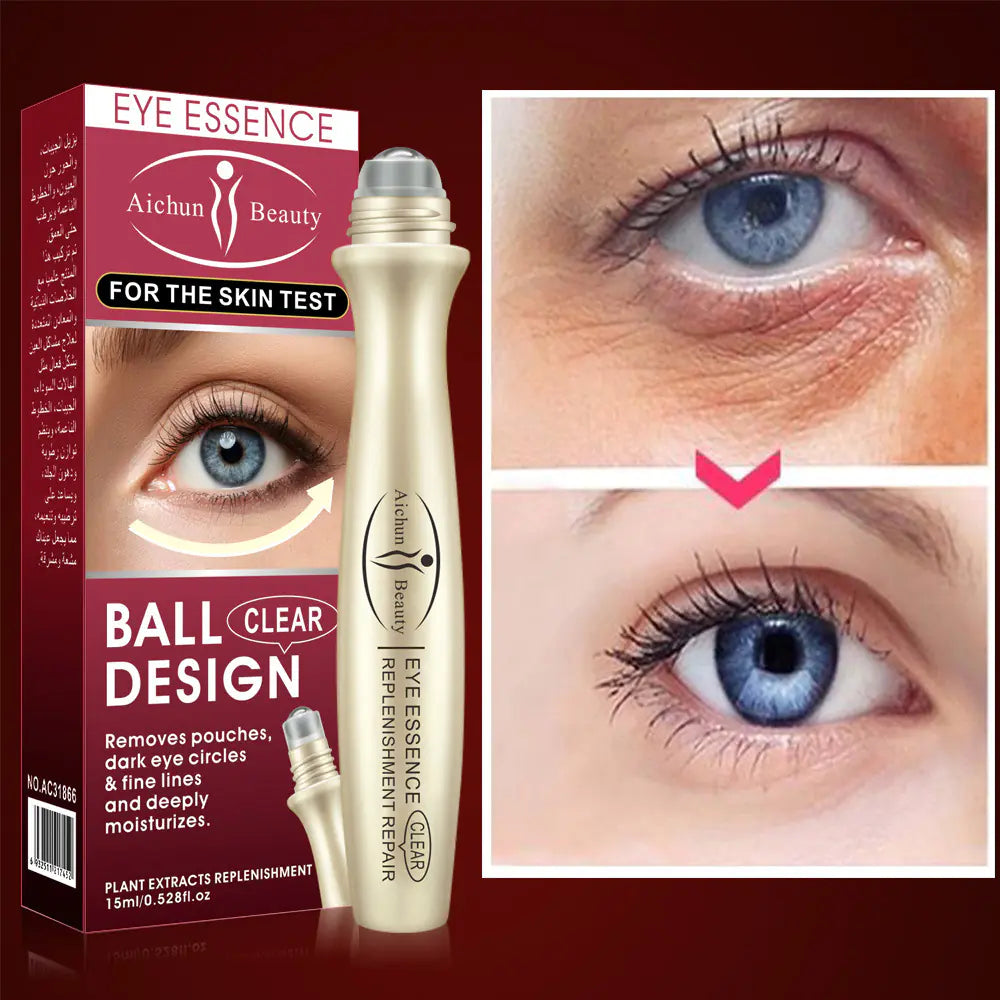 Before and after results showing brighter eyes and reduced puffiness using Aichun roller