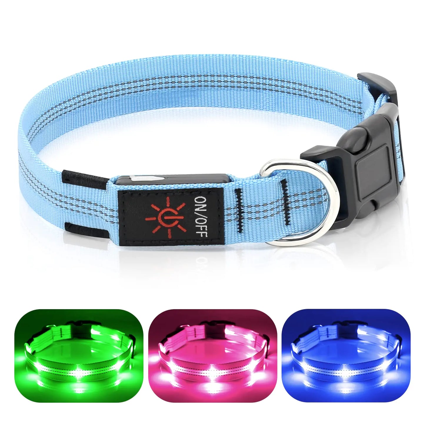 Rechargeable LED dog collar in blue with reflective stitching, showing green, pink, and blue light modes for high-visibility night safety.