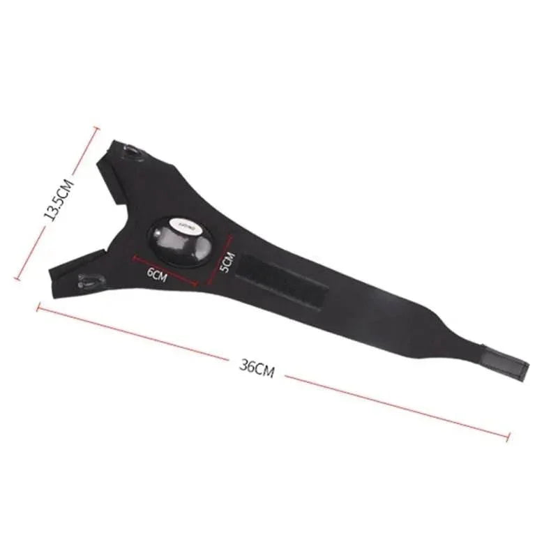 Black adjustable chin strap with velcro, labeled measurements, sleep aid accessory