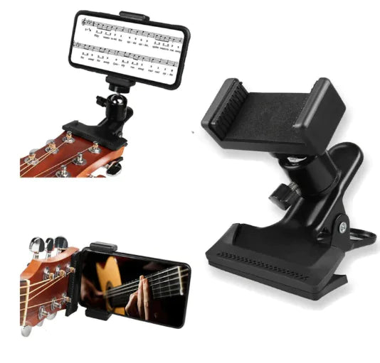Musician practicing with the Phone Guitar Clip Stand for easy sheet music access
