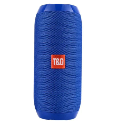 Blue waterproof Bluetooth speaker with 10W subwoofer, strap, and rugged design on white background