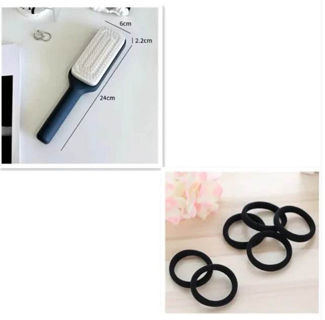Lint remover brush with measurements and five black hair ties on a light surface