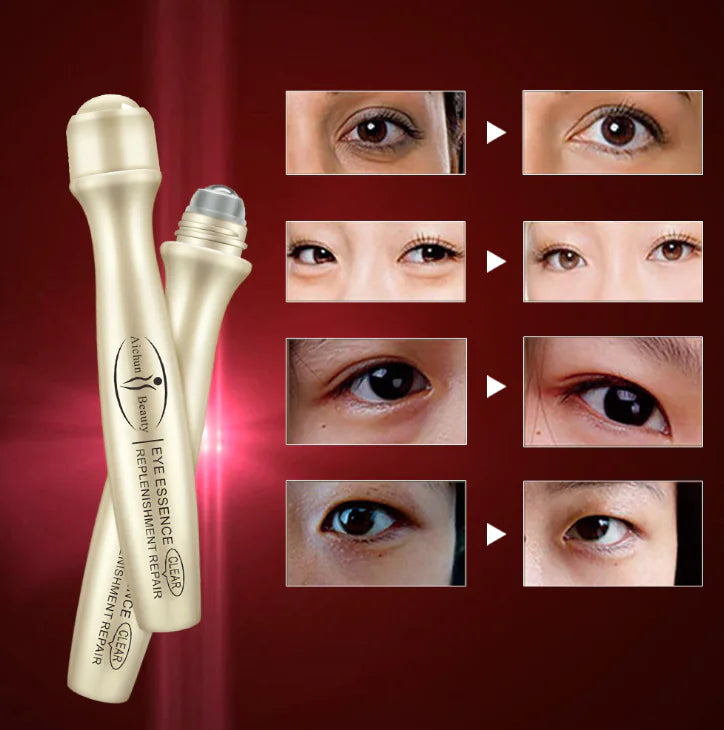 Eye roller with before and after effects on eyes against a red background