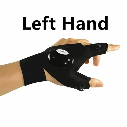 Black LED flashlight glove for left hand shown on a person's hand against white background