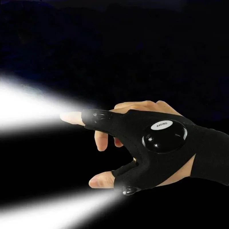 Hand wearing LED flashlight glove shining dual beams in the dark