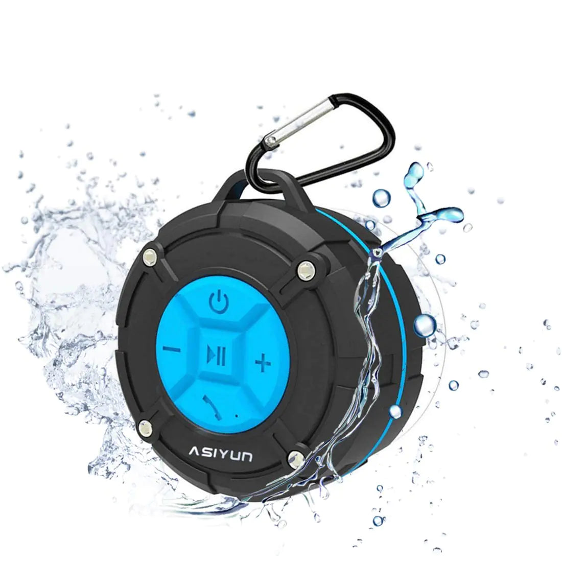 “Black and blue waterproof Bluetooth shower speaker with suction cup and carabiner, splashing water on white background.”