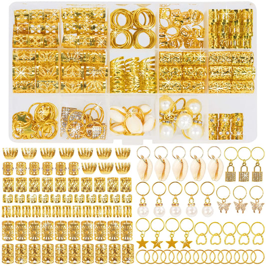 Gold hair jewelry kit with 212 assorted braid cuffs, loc rings, metal coils, and decorative beads.