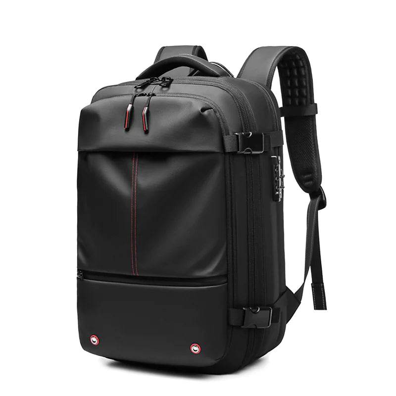 Sleek black travel backpack with red stitching, multiple pockets, and padded shoulder straps