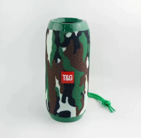 Camouflage waterproof Bluetooth speaker with 10W subwoofer, strap, and rugged design on white background