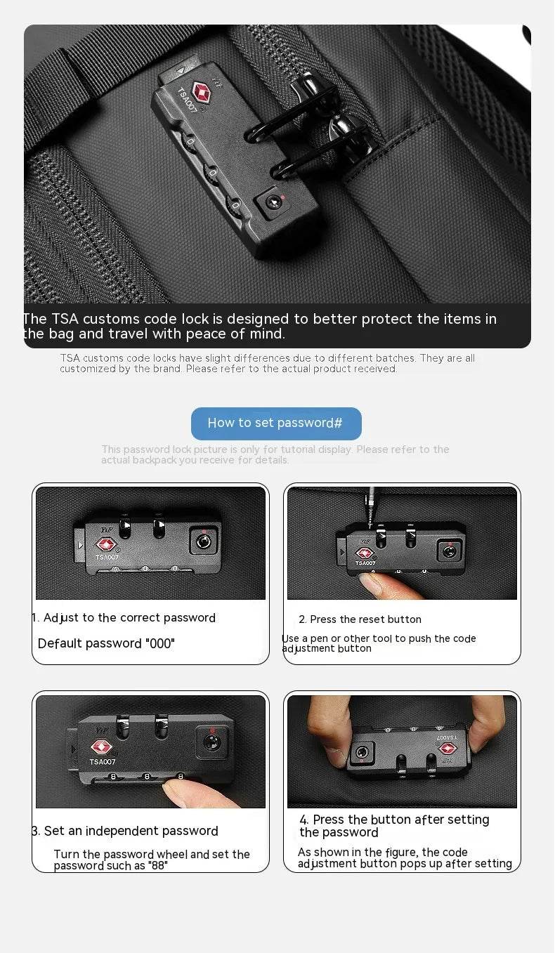 TSA007 lock on black luggage with step-by-step instructions for setting the combination code.