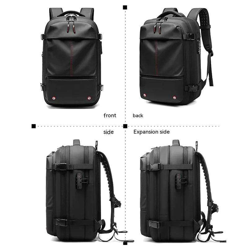 Black waterproof travel backpack front, back, side, and expanded side views