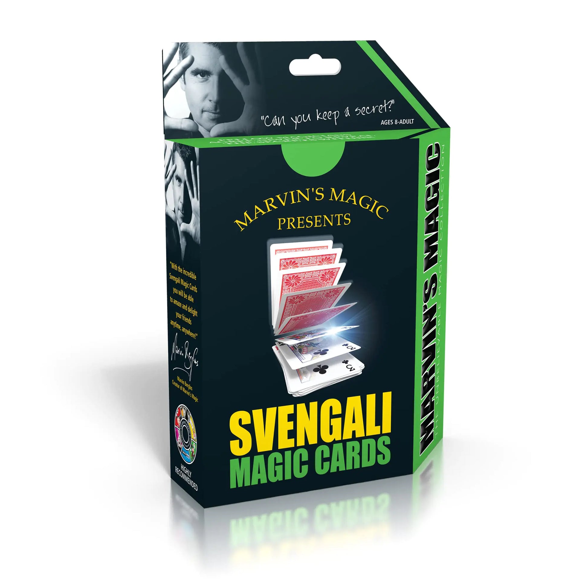 Marvin's Magic Svengali Card Tricks Set box, showing the deck and a magician performing a card trick, a clever gift for hobby lovers.