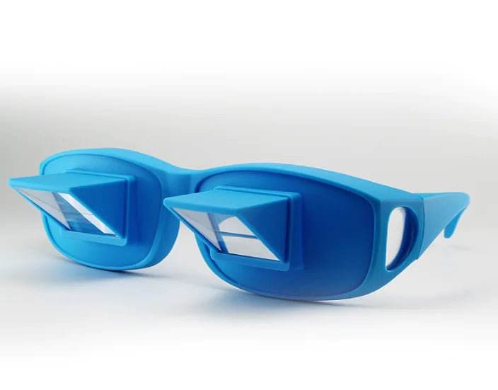Blue prism glasses with angled lenses for reading or watching TV while lying down