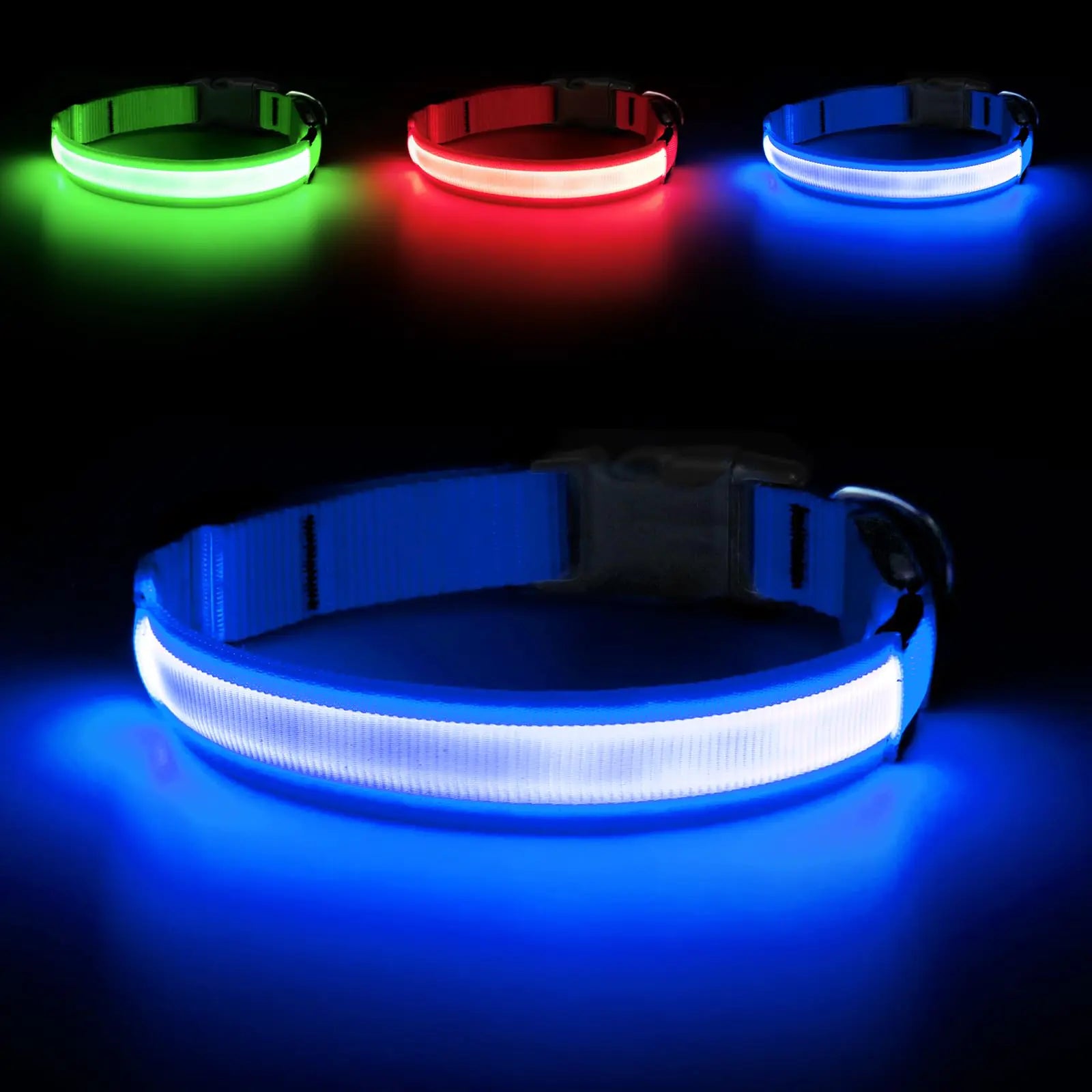USB rechargeable LED dog collar in blue, green, and red, showing the charging port and durable nylon material
