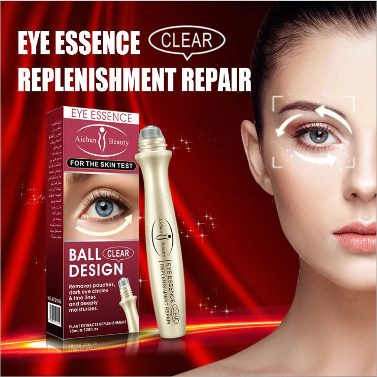 Eye roller essence infographic highlighting dark circle removal and puffiness reduction.