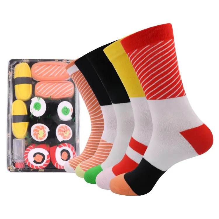 Colorful sushi-themed socks and a box styled like assorted sushi pieces