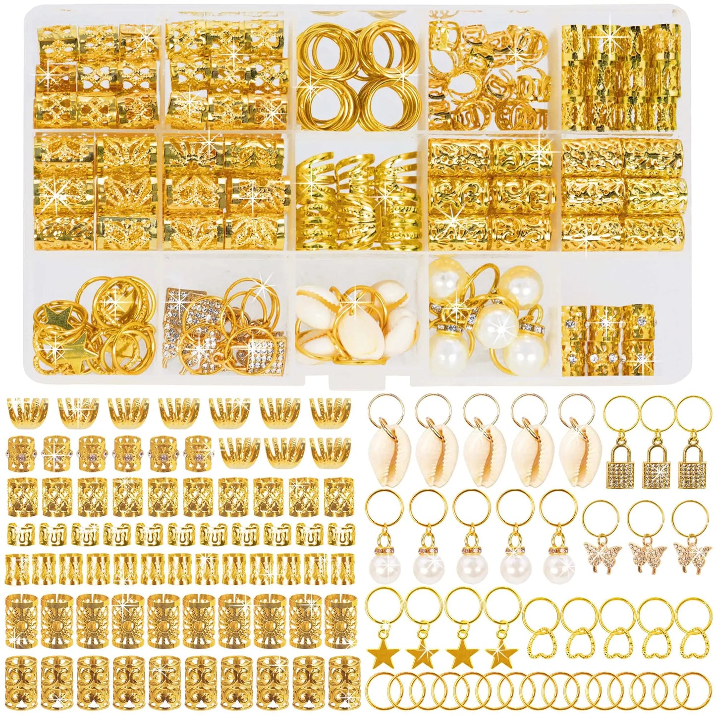 212-piece gold hair bead and jewelry set including cuffs, rings, coils, and braid accessories on white background.