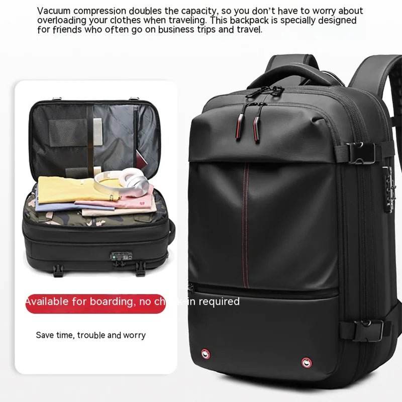 Black travel backpack with open packed compartment, business trip carry-on luggage