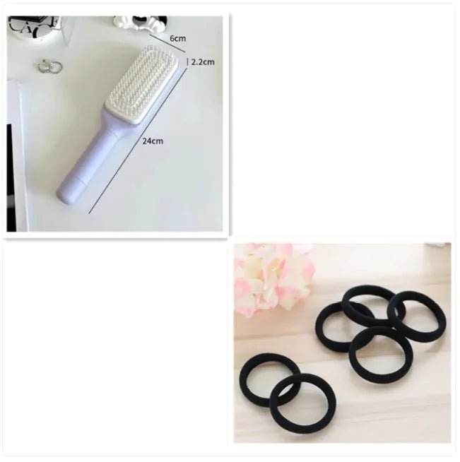 Plastic hairbrush with measurements and six black hair ties on a light surface