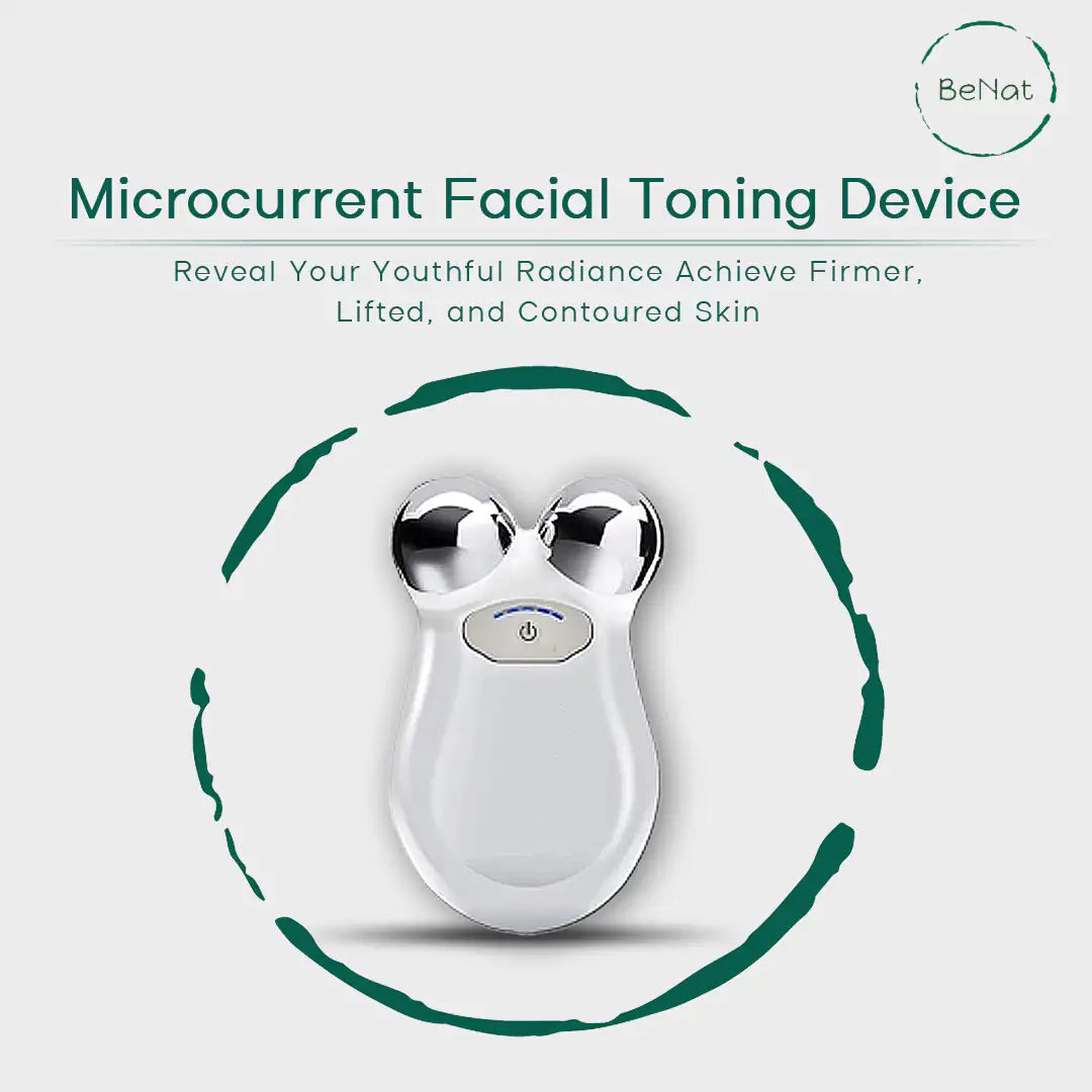 Microcurrent facial toning device with branding on a white background