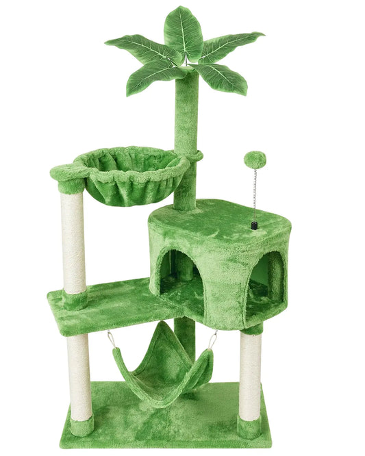 Green plush multi-level cat tree with hammock, cubby house, scratching posts, and palm-tree topper.