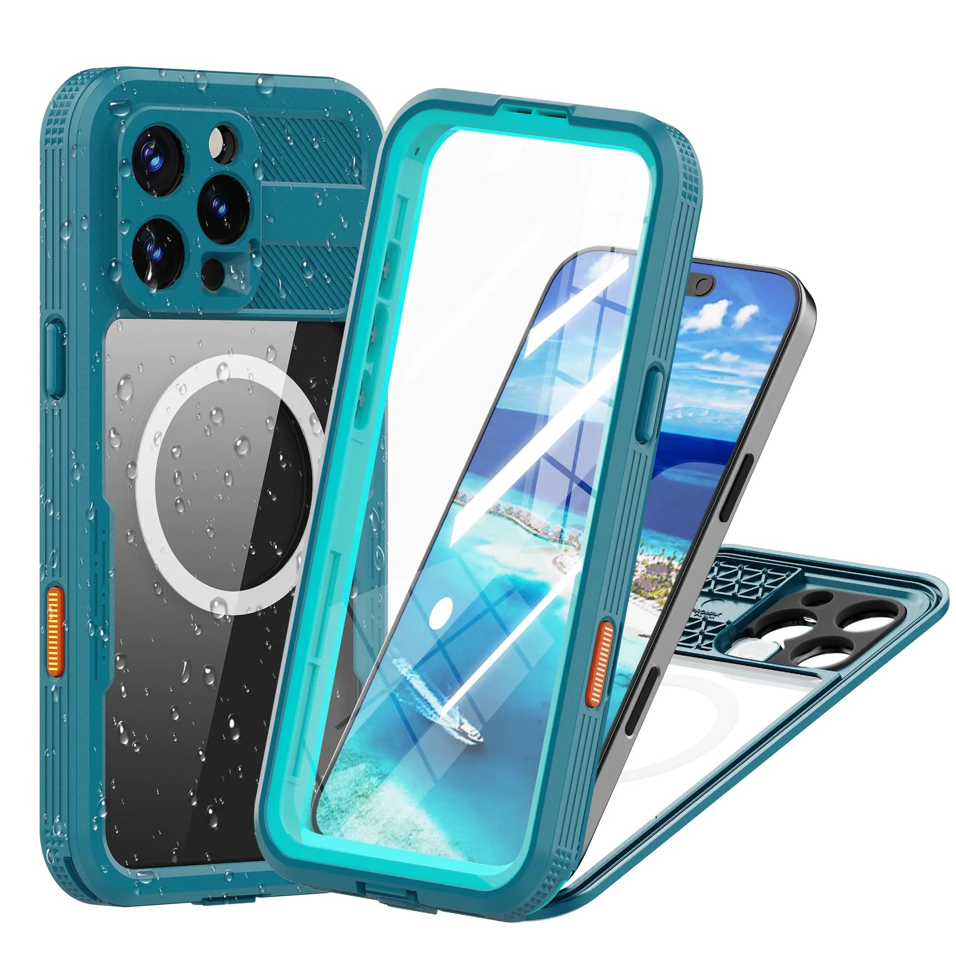 Angled view of teal waterproof magnetic phone case with built-in screen protector for iPhone 16 Pro Max